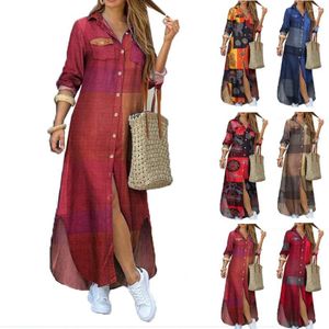 Casual Dresses Fashion Leopard Letters Floral Printed For Women 2023 Buttons Long Sleeve Loose Split Solid Maxi Dress