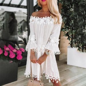 Casual Dresses Embroidery Crochet Lace Cold Shoulder Mini Dress Women Scoop Neck Half Sleeves Mid-Rise Loose Fit Summer Lady Beach