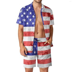 Męskie dresy vintage amerykańskie flagę męskie zestawy amerykańskie niebieskie gwiazdy nadruk swobodne szorty koszula plażowe Zestaw hawajski garnitur krótki rękaw