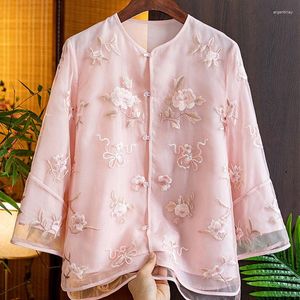 Women's Jackets Embroidery Organza Short Coat 2023 Summer National Style Round Neck Bead Button Loose Silk Top Shirt Jacket Z1854