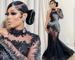 2023 Plus Size Arabic Aso Ebi Luxurious Mermaid Black Prom Dresses Lace Beaded Crystals Evening Formal Party Second Reception Gowns Dress J221