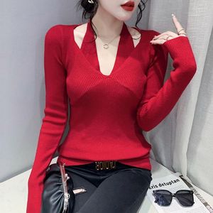 Women's Sweaters Sexy V Neck Women Cross Halter Cut Out Top Autumn Winter Tight Bottoming Knit Shirt Sweater T-shirt Club Clothing