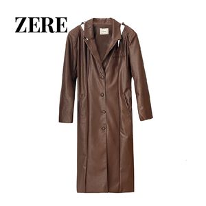 Women's Jackets Custom fashion long waist leather jacket imitation PU black motorcycle casual trench coat with belt 230731