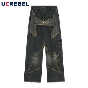 Mens Jeans Patch Raw Edge Casual Spring Autumn Multipocket raklegbyxor High Street Loose Wide Leg Denim Men 230731