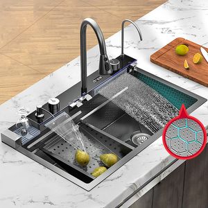 Digital Display Waterfall Sink rostfritt stål Kitchen diskbänk stort Single Sink Modern Intelligent Multifunktionell diskbänk