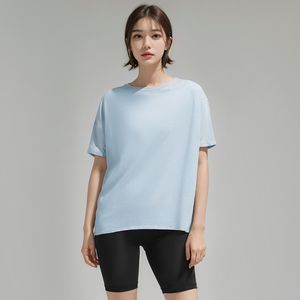 LU LU LEMONS Yoga Backaction T-shirt Summer Top Womens Round Collar Short Sleeve Elastic Breathable Sports Fiess Solid Color