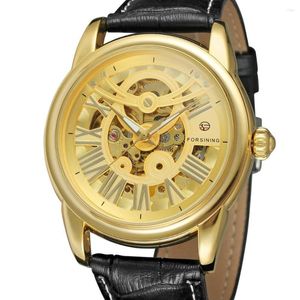 Armbandsur ForSining Watch Trendry Fashion Noble Men's Hollow Gold Dial Case Black Leather Strap Automatisk mekanisk
