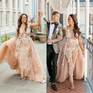 Lace Appliques Women Jumpsuits With Overskirts Illusion Nude Tulle African Wedding Dresses Pant Suits Nigeria Style Bridal Gowns P2009