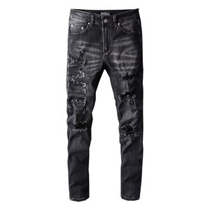 Jeans da uomo Uomo di alta qualità Grigio Distressed Streetwear Fashion Slim Lettere ricamate Danno Skinny Stretch Jeans strappati Pantaloni per uomo 230731