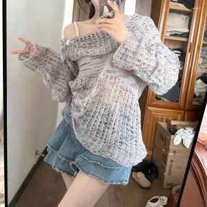 Kvinnors tröjor Deeptown Korean Off Shoulder Grey Sweater Women Coquette Oversize Hollow Out Knit Top Fairycore Y2K Long Sleeve Tops Chic