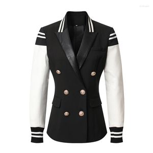 Women's Suits Double Breasted Gold Button Blazer Stylish Varsity Jacket Lady Leather Sleeve Patchwork Lion Buttons