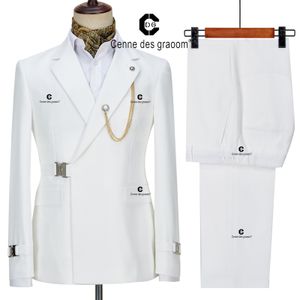 Męskie garnitury Blazery Cenne des Graoom Summer White Blazer Jacket Pants Set Suits For Men Metal Side Buxle Wedding Party Dress 230731