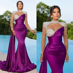 Elegant Purple Mermaid Evening Dresses Beaded High Collar Party Prom Dress Illusion Long Sleeves Long Dress for special occasion
