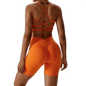 Active Sets Women Compression Soft Stretchy V Cut Scrunch Back Shorts And Bra Set Summer Sports Outdoor Fitness Running Yoga