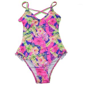 One-Piece Suits 40gc Women Sexy Bikini Neon Strappy Bandage Cross Backless Monokini Tropical Floral Print Ruffles Trim Swimsuit243k