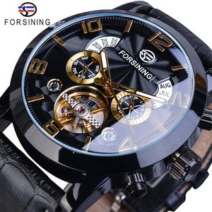 Wristwatches Forsining Tourbillion Fashion Wave Black Golden Clock Multi Function Display Mens Automatic Mechanical Watches Top Brand Luxury 230731