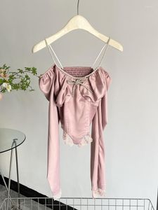 Blusas Femininas Femininas Laço Alça Espaguete Manga Longa Sem Costas Renda Sexy Top Preto Rosa Coreano Pregas Roupas de Primavera