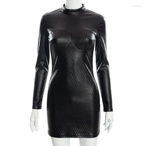 Casual Dresses #4638 Black Faux Leather Dress Half High Collar Pencil Long Sleeve Sexy PU Short Female Slim Spring Autumn