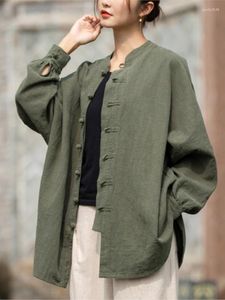 Kvinnors jackor qpfjqd kvinnlig retro linne lösa rockar stativ knapp höst vårkläder 2023 kvinnor kinesisk stil fast färg