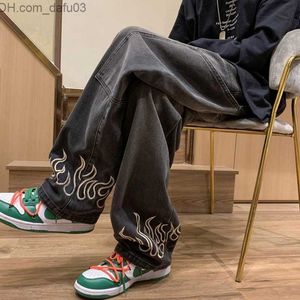 Men's Jeans Men's Jeans 2023 Fashion Flame Embroidery Black Baggy Men Pants Y2K Clothes Straight Hip Hop Vintage Denim Trousers Pantalon Homme 230410 Z230801