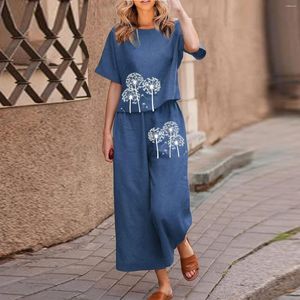 Women's Two Piece Pants Cotton Linen Set Women Dandelion Print Vintage Loose Shirt Top Elastic Waist Wide Leg Straight Suit Boho Outfit