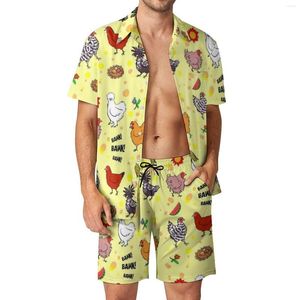 Men's Tracksuits Cute Farm Animal Men Sets Cartoon Chickens Print Aesthetic Casual Shirt Set Short-Sleeve Graphic Shorts Summer Vacation