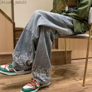 Men's Jeans Men's Jeans 2023 Fashion Flame Embroidery Black Baggy Men Pants Y2K Clothes Straight Hip Hop Vintage Denim Trousers Pantalon Homme 230225 Z230801