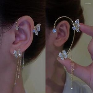 Ryggar örhängen Fashion Crystal Butterfly Clip Earring For Women Pearl Bead Ear Cuff Long Tassel Charm Hollow Wedding Jewelry Gift