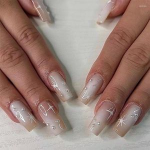 False Nails French Pearl Nail Long Square Press On For Art Salon 24pcs With Charms Acrylics Coffin Fake