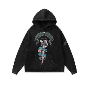 Erkek Hoodies Sweatshirts Yeni ve Kadın Moda Tasarımı Mevcut High Street Beauty Snake Limited Wash Yıpranmış Kapşonlu Gevşek Boyutlu Kazak XSGX