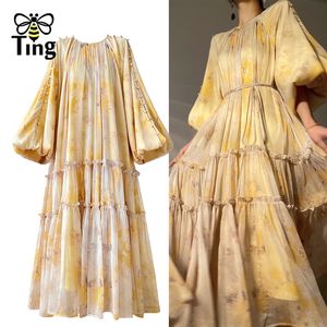 Basic Casual Dresses Tingfly Women Fashion Design Lantern Long Sleeve Beading Chic Casual Loose Ruched Party Dress Easy Fit Summer Midi Vestidos Robe 230801