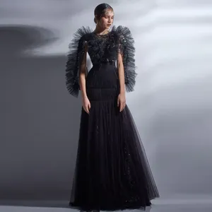 Casual Dresses Chic Black Tulle Long Formal Dress Ruffled Sleeves Sequin And Prom Party 2023 Evening Gowns Custom Made