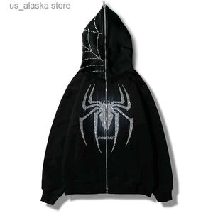 Erkek Hoodies Sweatshirts Örümcek Web Siyah Rhinestones Hoodie Sweatshirt Fermuar Sıcak Harajuku Punk Grunge Y2K Giyim Kadın Hip Hop Sweatshirt Hoodie Y230731