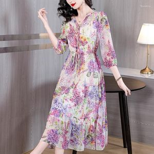 Casual Kleider V-ausschnitt Gedruckt Chiffon Kleid 2023 Sommer Temperament Süße Blumen Rock Frauen Mode Elegante Boho Strand