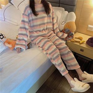 Women's Sleepwear Striped Women Pajamas Set Winter Fleece Velvet 2 Piece Pant Home Suit Sleep Fluffy Korean Piiama Cute Warm Night Wear