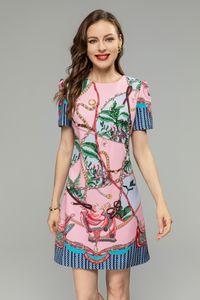 Basic & Casual Dresses Summer Blended Print Beaded Short Sleeve Loose fitting Dress