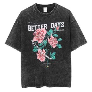 T-shirts pour hommes 2023 Nouveau coton Vintage T-shirt lavé pour les femmes T-shirt Rose Imprimer T-shirt à manches courtes Hip Hop Été Hommes Vêtements Noir Top Blouse J230731