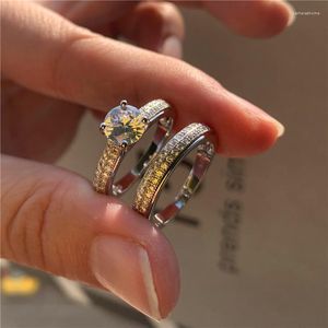 Wedding Rings Luxury Female White Round Crystal Ring Rose Gold Silver Color For Women Cute Bridal Zircon Engagement Set