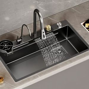 Lavello da cucina a cascata Raindance nero in acciaio inossidabile 304 Grande lavabo a vasca singola Lavello sottopiano Scarico rubinetto Topmount
