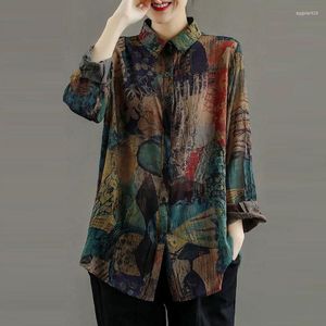 Kvinnors blusar 2023 Spring Autumn Arts Style Women Långärmning Turn-Down Collar Loose Shirts Vintage Print Casual Blus Female Tops V519