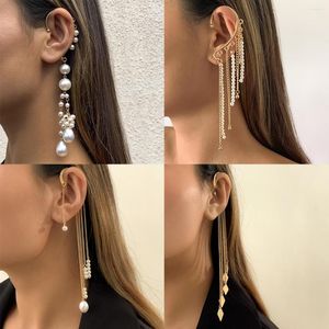 Backs Earrings 2023 Long Tassel Geometric Imitation Pearl Chain Clip No Pierced Ear Cuff Cartilage Elegant Female Women Jewelry