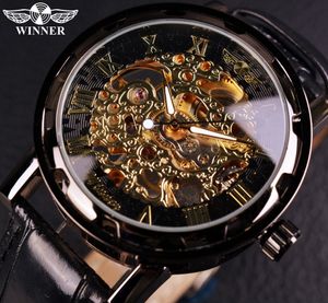 Наручительные часы Победитель Black Gold Clock Мужчины Relogios Skeleton Mens Watch Top Brand Luxury Montre Leather Bristatch Men Mechanical Watch 230731