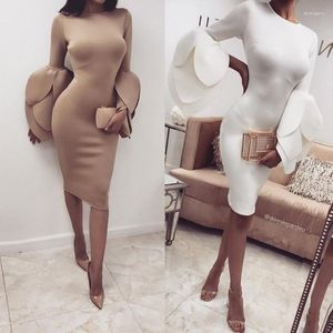 Casual Dresses Women Sexy Long Ruffle Sleeve Solid Color Round Neck Package Hip Bodycon Dress 10CE