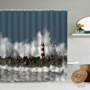 Tende da doccia Navy Lighthouse Tenda da doccia Sea Sunset Scenario naturale Bagno Tende in poliestere impermeabili Decorazione domestica con set di ganci x0731