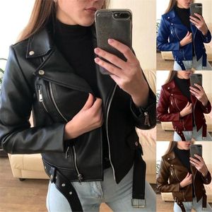 Marchi di lusso in pelle da donna 2023 Autunno Donna Pu Jacket Donna Cintura con cerniera Cappotto corto Donna Punk nera Bomber Faux Outwear