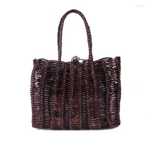 Evening Bags Retro Japanese And Korean Style Cowhide Handmade Hollow Woven Handbag Female Leather Soft Light 2023 Summer