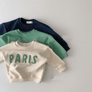 Hoodies Sweatshirts Sonbahar Paris Mektupları Krok Te Sweatshirt Çocuklar Erkek Kızlar Spor Bebek Gömlek Günlük Artı Kadife Çocuklar Kıyafet Kore Tees 230801