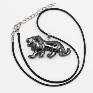 Pendant Necklaces Products Nature Stones Hematite Carve Lion Pendants Black Leather Rope Buckle Fashion Glamour Jewelry Accessories