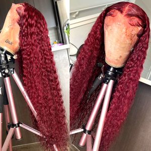 Röd 99J Bourgogne Colored Deep Wave Lace Frontal Wig HD Spets Front Wigs Brazilian Curly Front Simulation Human Hair Wigs For Women