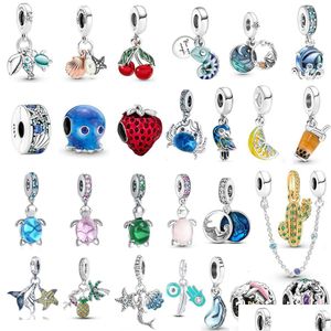 Silver 925 Sterling Sier Dangle Charm Oryginalny kolor Seria Ocean Turtle Octopus Crab Bead Fit Pandora Charms Bransoletka DIY Jewelry D Dhwz1